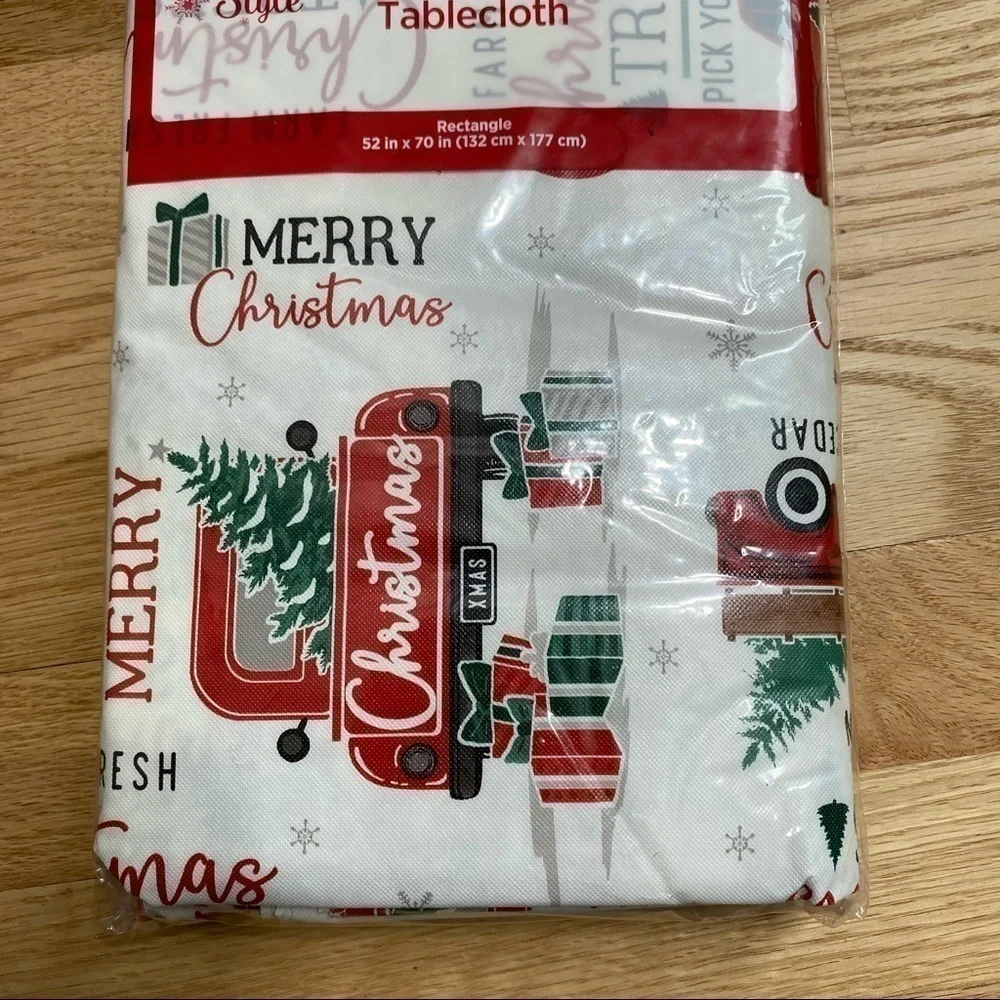 Merry Christmas Red Pickup Truck Table Cloth NWT Holiday Rectangle 52x70